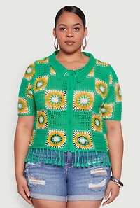 Womens Plus Size Boho Crochet Fringe Shirt, Green, Size 1X