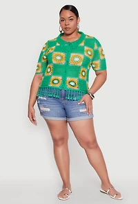 Womens Plus Boho Crochet Fringe Shirt, Green,