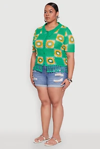 Womens Plus Boho Crochet Fringe Shirt, Green,