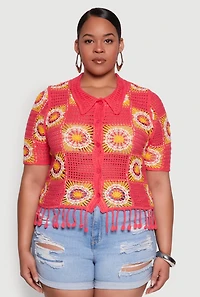 Womens Plus Size Boho Crochet Fringe Shirt, Pink, Size 1X