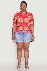 Womens Plus Size Boho Crochet Fringe Shirt, Pink, Size 1X