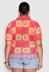 Womens Plus Size Boho Crochet Fringe Shirt, Pink, Size 1X