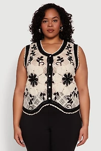 Womens Plus Floral Pattern Crochet Vest, Multi,