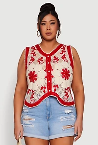 Womens Plus Floral Pattern Crochet Vest, Multi,