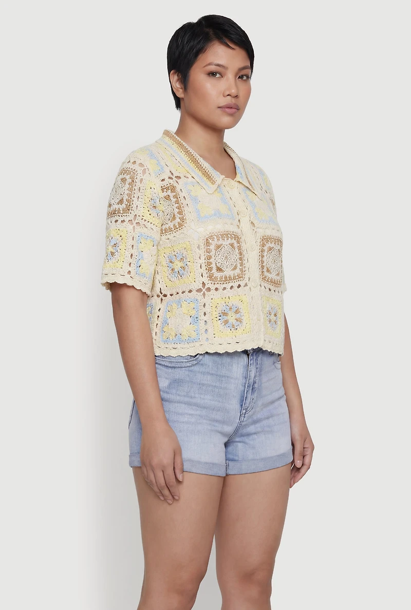 Plus Scallop Trim Button Front Crochet Top