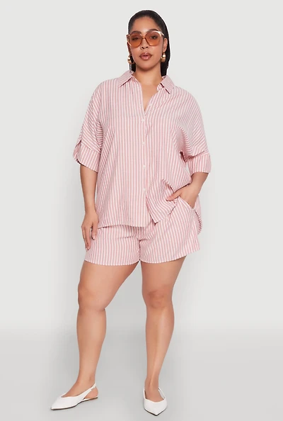 Womens Plus Size Striped Elastic Waist Shorts, Red, Size 1X
