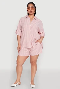 Womens Plus Size Striped Elastic Waist Shorts, Red, Size 1X
