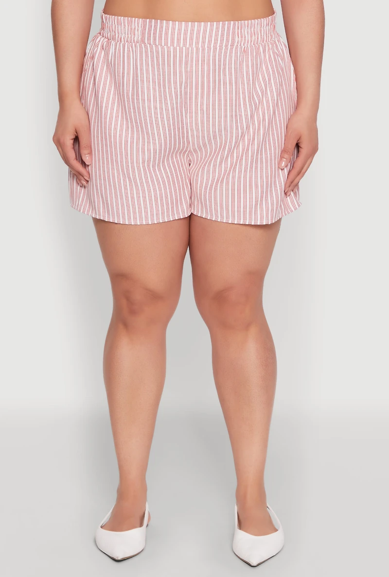 Womens Plus Size Striped Elastic Waist Shorts, Red, Size 1X