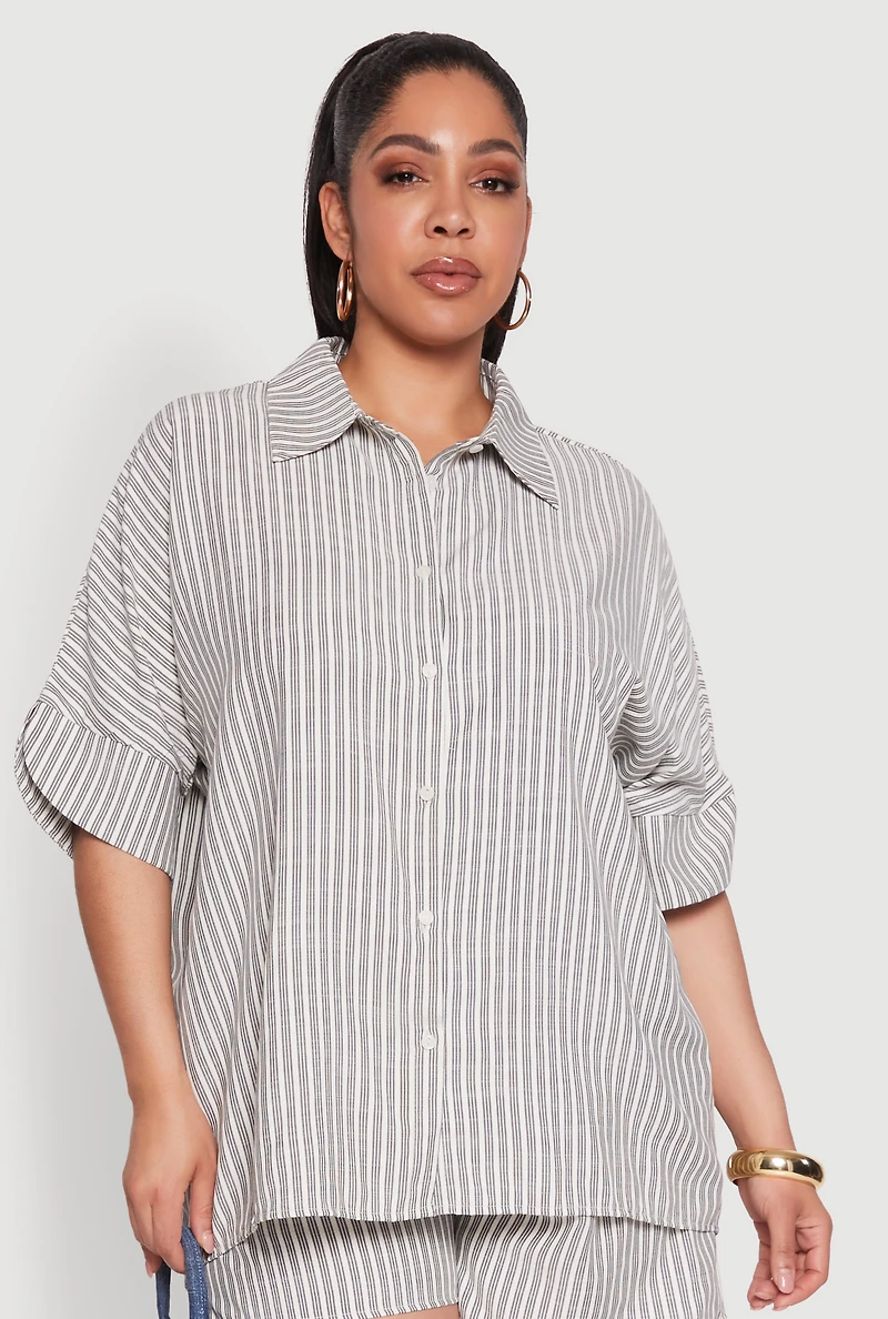 Womens Plus Striped Button Front Shirt, Multi,
