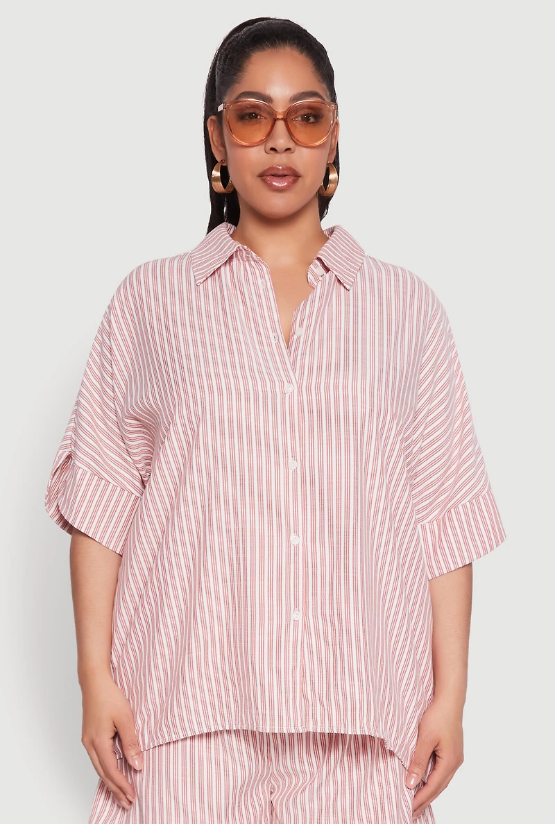 Womens Plus Size Striped Button Front Shirt, Red, Size 3X