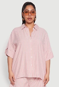 Womens Plus Size Striped Button Front Shirt, Red, Size 3X