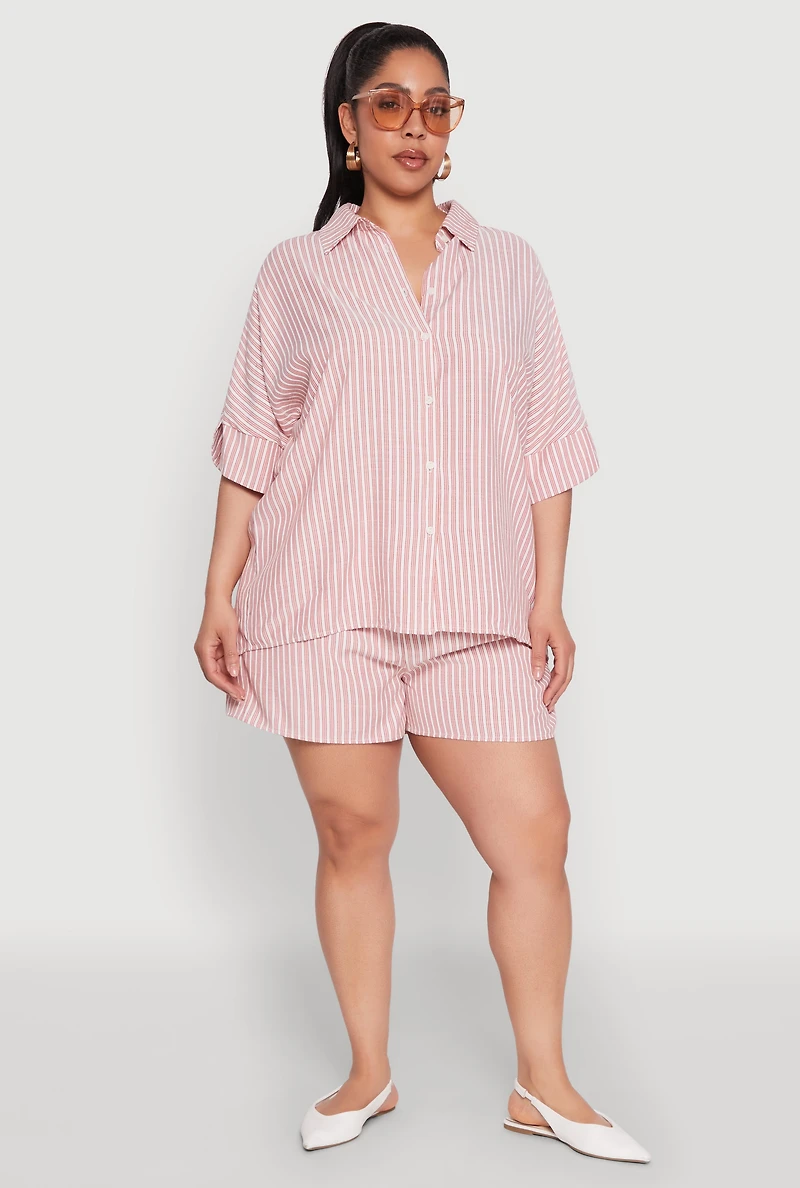 Womens Plus Size Striped Button Front Shirt, Red, Size 3X