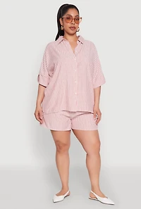 Womens Plus Size Striped Button Front Shirt, Red, Size 3X