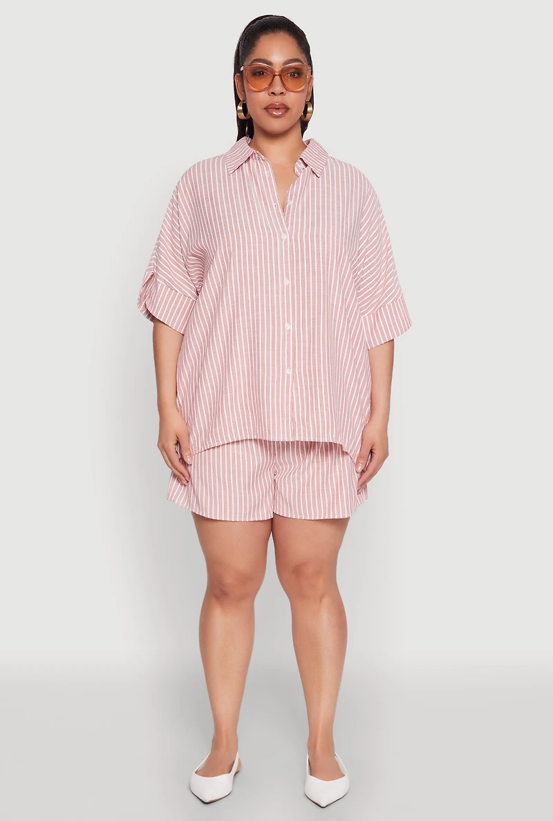 Womens Plus Size Striped Button Front Shirt, Red, Size 3X