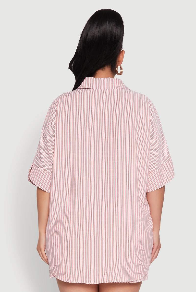 Womens Plus Size Striped Button Front Shirt, Red, Size 3X