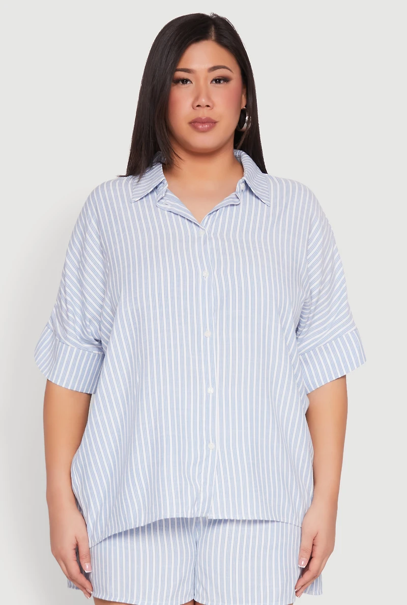 Womens Plus Size Striped Button Front Shirt, Blue, Size 3X