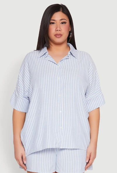 Womens Plus Size Striped Button Front Shirt, Blue, Size 3X