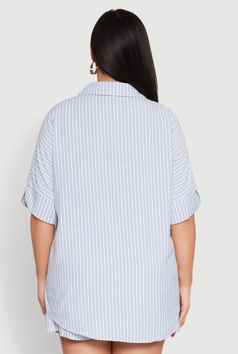Womens Plus Size Striped Button Front Shirt, Blue, Size 2X