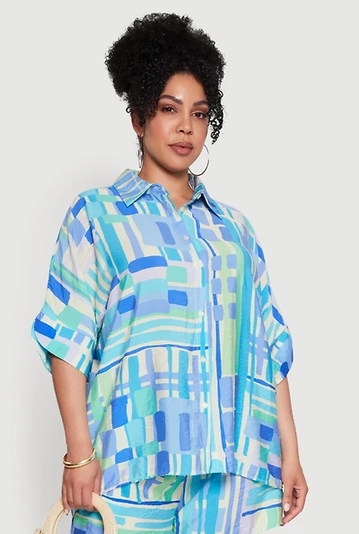 Womens Plus Abstract Geometric Patterned Crepe Knit Shirt, Blue,