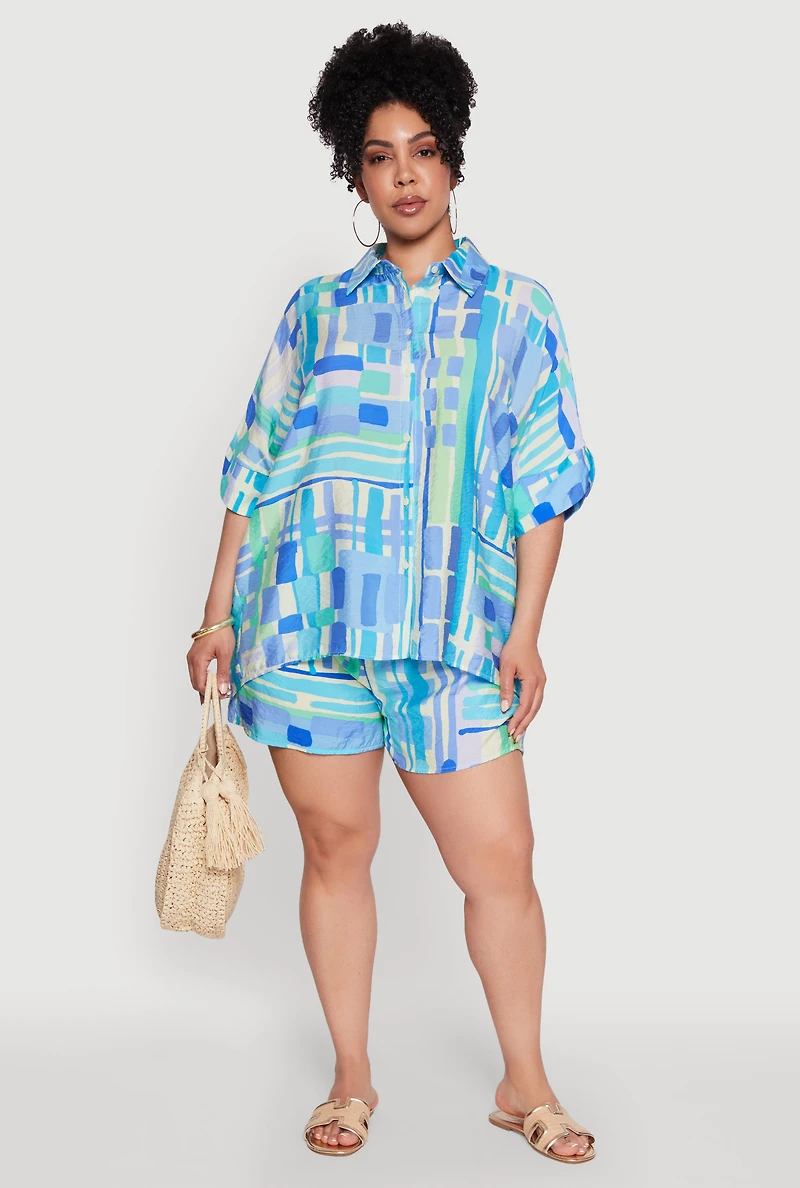 Womens Plus Abstract Geometric Patterned Crepe Knit Shirt, Blue,