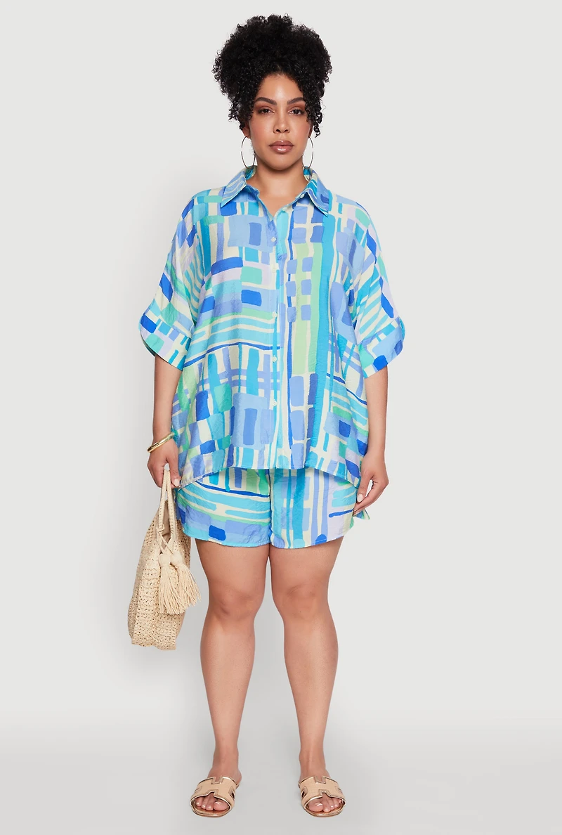 Womens Plus Abstract Geometric Patterned Crepe Knit Shirt, Blue,