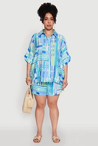 Womens Plus Abstract Geometric Patterned Crepe Knit Shirt, Blue,
