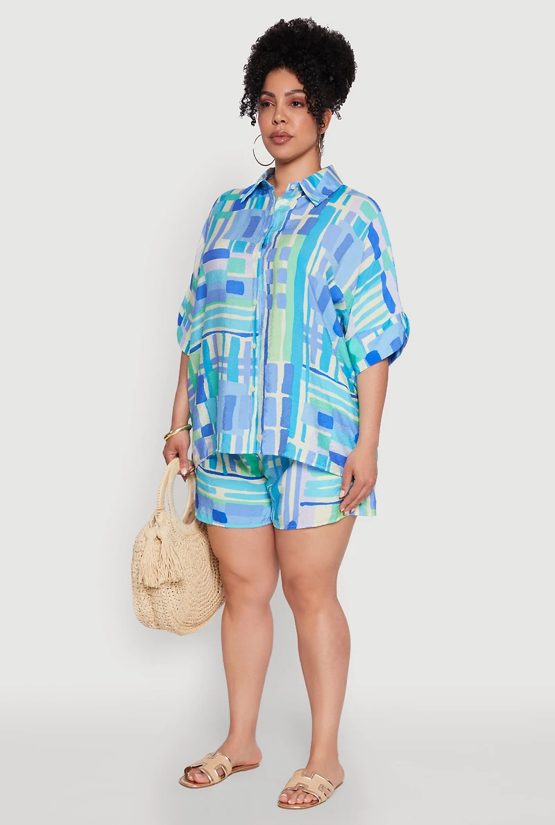 Womens Plus Abstract Geometric Patterned Crepe Knit Shirt, Blue,