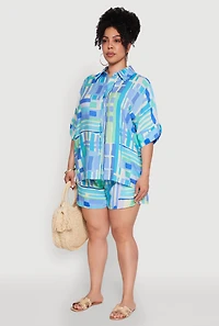 Womens Plus Abstract Geometric Patterned Crepe Knit Shirt, Blue,