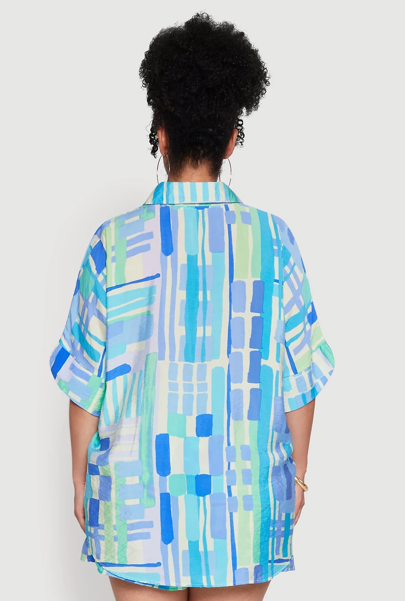 Womens Plus Abstract Geometric Patterned Crepe Knit Shirt, Blue,