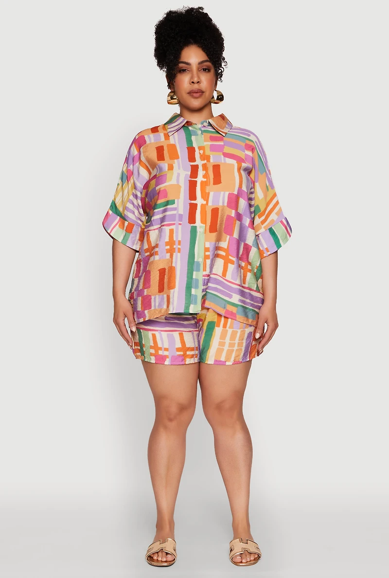 Womens Plus Size Abstract Geometric Patterned Crepe Knit Shirt, Multi, Size 1X