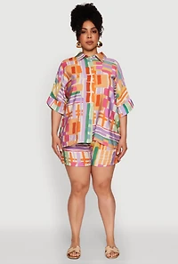 Womens Plus Size Abstract Geometric Patterned Crepe Knit Shirt, Multi, Size 1X