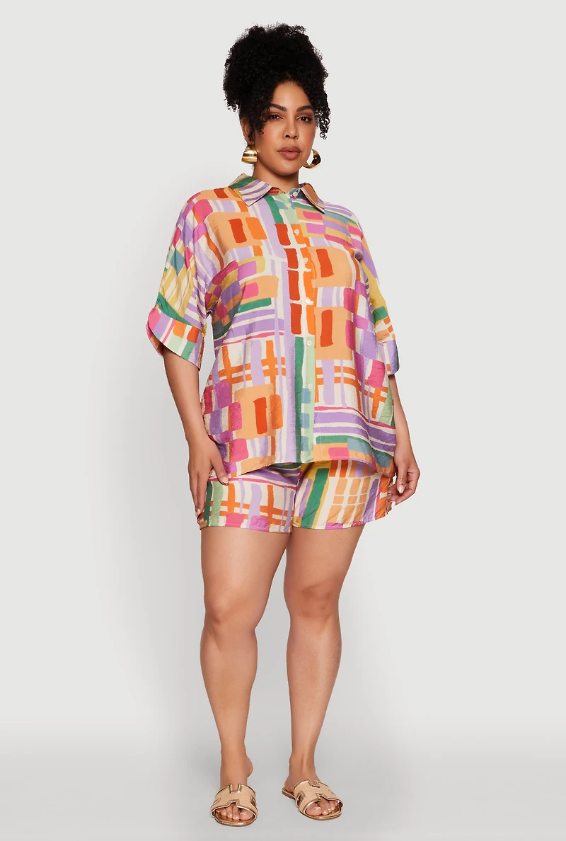 Womens Plus Size Abstract Geometric Patterned Crepe Knit Shirt, Multi, Size 1X