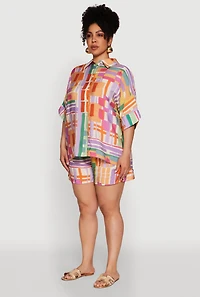 Womens Plus Size Abstract Geometric Patterned Crepe Knit Shirt, Multi, Size 1X