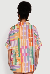 Womens Plus Size Abstract Geometric Patterned Crepe Knit Shirt, Multi, Size 1X