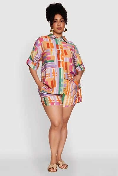 Womens Plus Size Trendy Patterned Crepe Knit Shorts, Multi, Size 2X