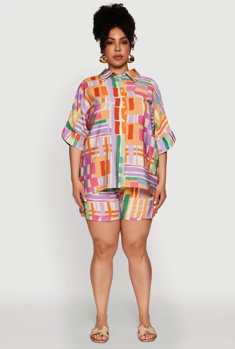 Womens Plus Size Trendy Patterned Crepe Knit Shorts, Multi, Size 2X
