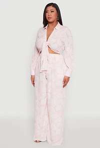 Womens Plus Size Airy Leaf Print Tie Front Crop Top, Pink, Size 3X