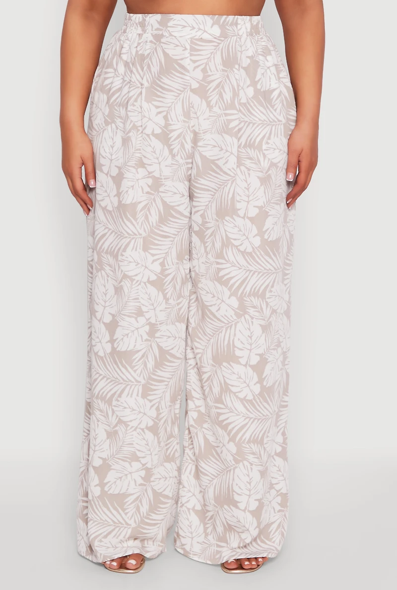 Plus Airy Leaf Print Palazzo Pants