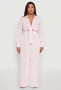 Womens Plus Size Airy Leaf Print Palazzo Pants, Pink, Size 3X