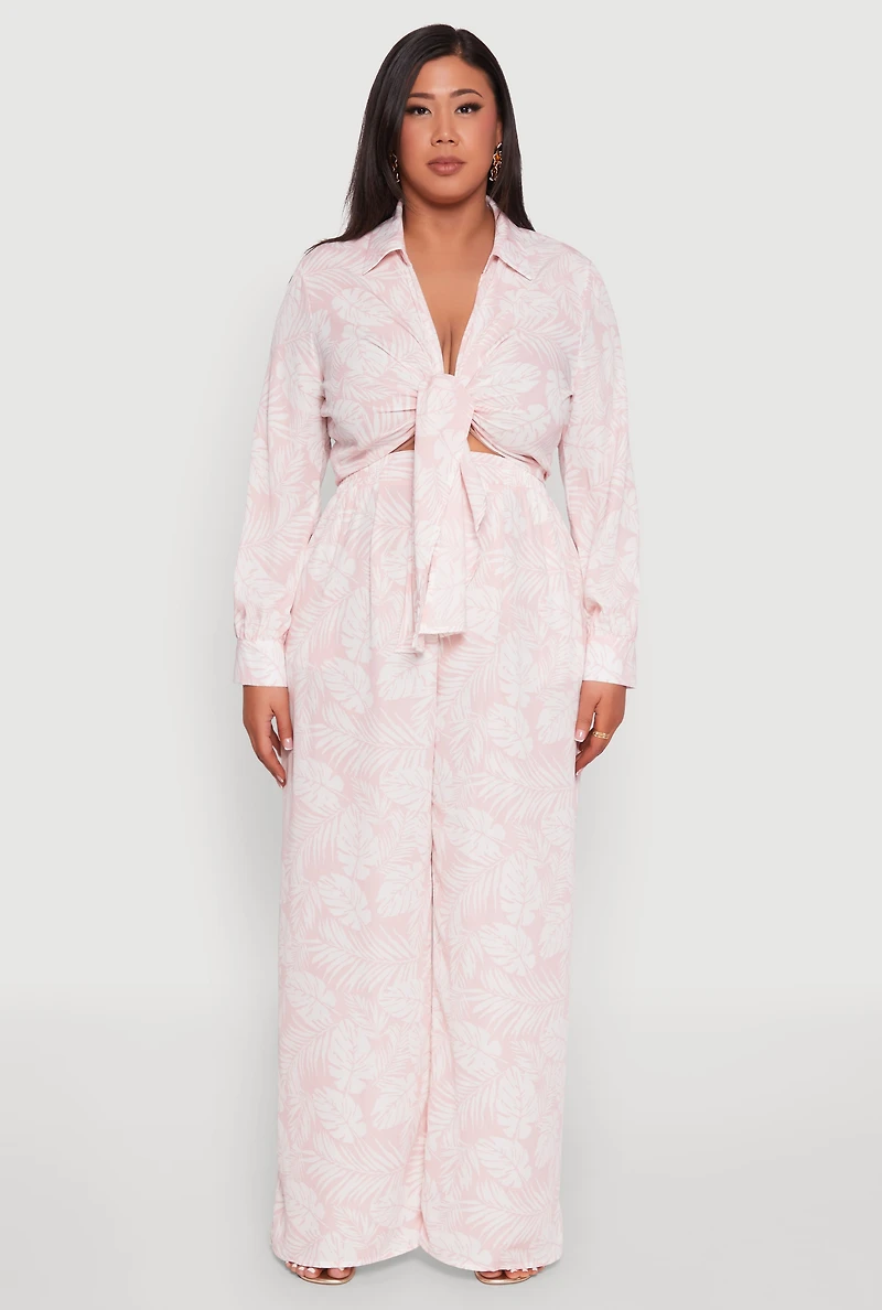 Womens Plus Size Airy Leaf Print Palazzo Pants, Pink, Size 1X
