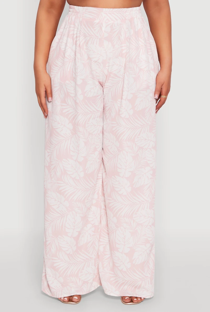 Womens Plus Size Airy Leaf Print Palazzo Pants, Pink, Size 1X