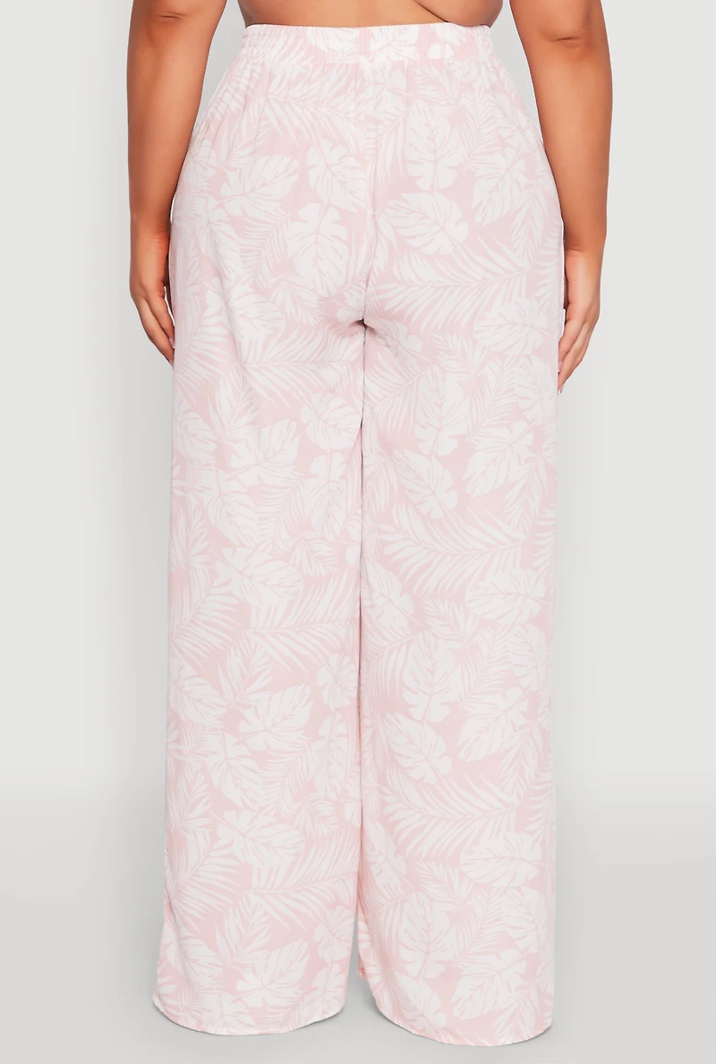 Womens Plus Size Airy Leaf Print Palazzo Pants, Pink, Size 1X