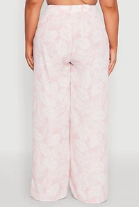Womens Plus Size Airy Leaf Print Palazzo Pants, Pink, Size 1X