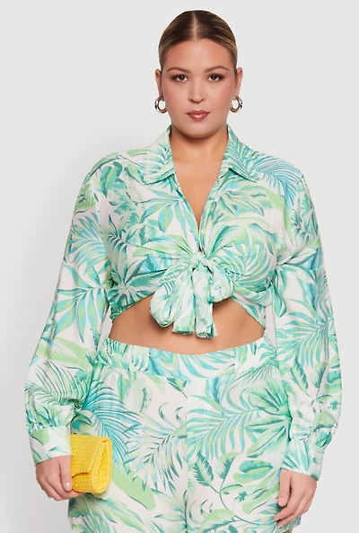 Womens Plus Size Tropical Floral Tie Front Long Sleeve Crop Top, Green, Size 3X