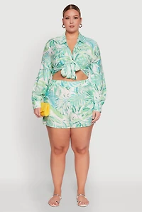 Womens Plus Size Tropical Floral Tie Front Long Sleeve Crop Top, Green, Size 3X