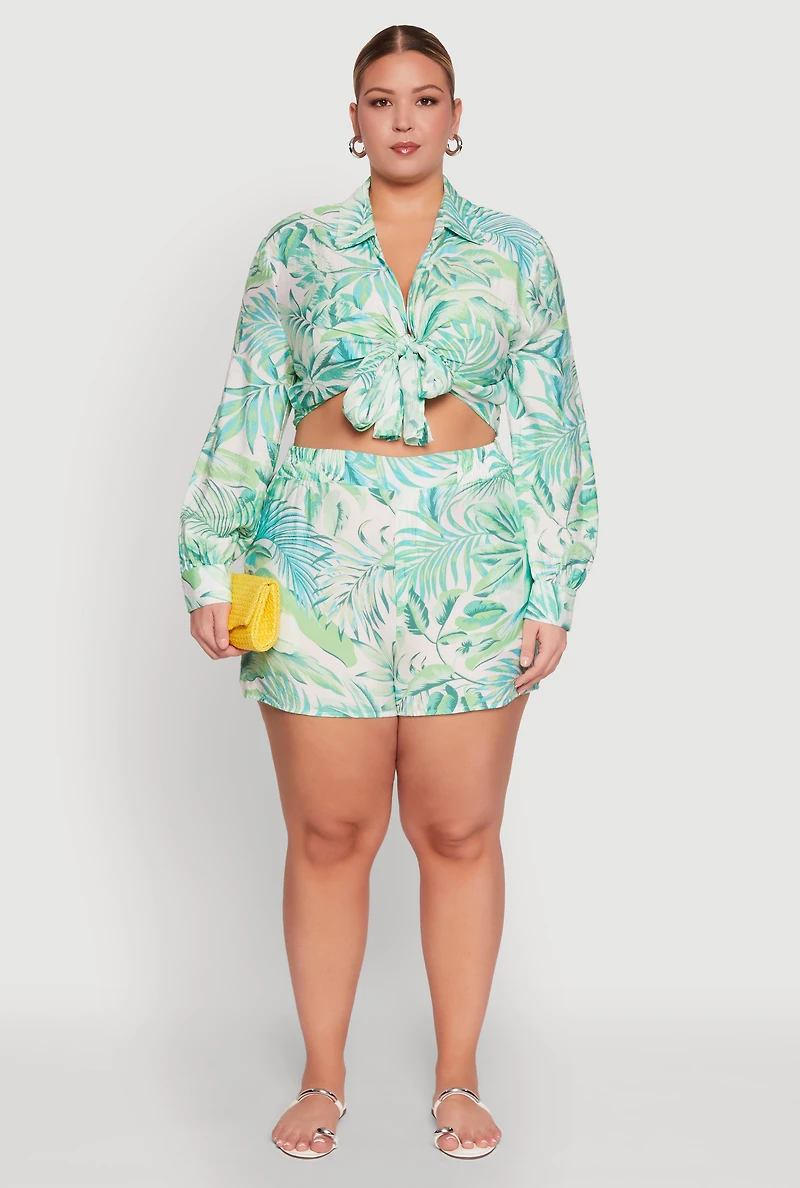 Womens Plus Size Tropical Floral Tie Front Long Sleeve Crop Top, Green, Size 1X