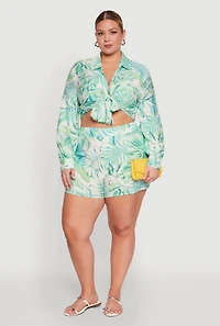 Womens Plus Size Tropical Floral Tie Front Long Sleeve Crop Top, Green, Size 3X