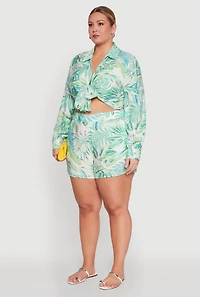 Womens Plus Size Tropical Floral Tie Front Long Sleeve Crop Top, Green, Size 1X