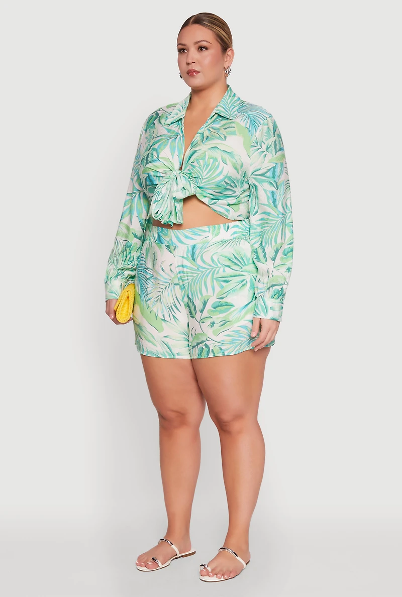 Womens Plus Size Tropical Floral Tie Front Long Sleeve Crop Top, Green, Size 1X