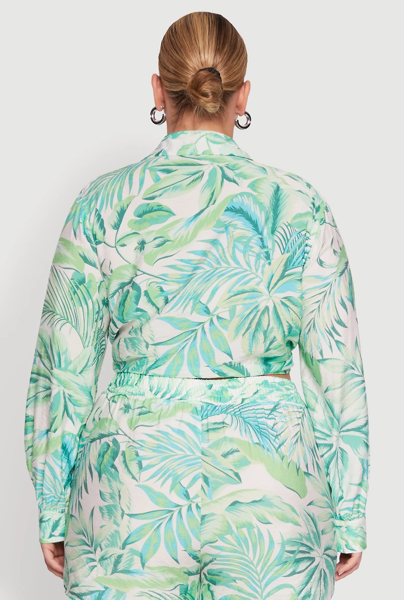 Womens Plus Size Tropical Floral Tie Front Long Sleeve Crop Top, Green, Size 1X